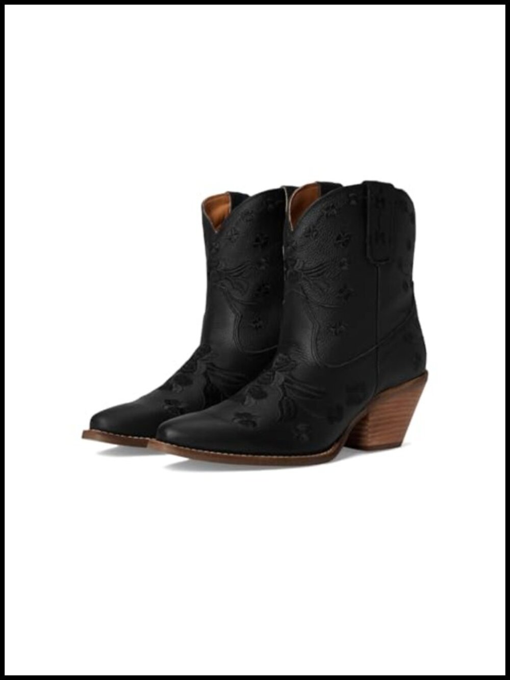 Leather Floral Embroidered Snip Toe Ankle Bootie Block Heel Casual